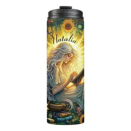 Add Name, Lady Reading in Glow with Sunflowers  Thermosbeker (Voorkant)