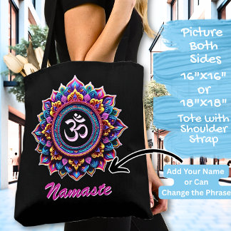 Add Name, Pink Mandala with OM symbol on a Black Tote Bag