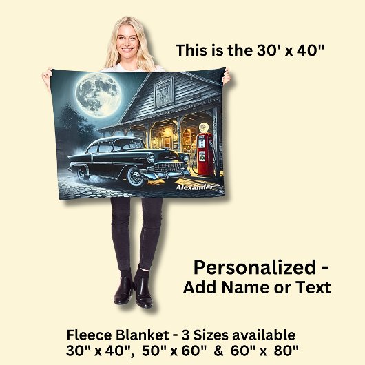 Add Name Text, Classic Car in Moonlight Fleece Deken