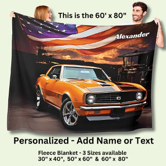 Add Name Text, Orange Muscle Car  Fleece Deken