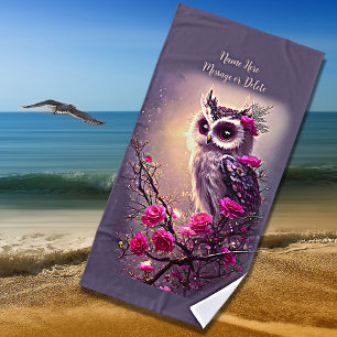 Add Name Text, Purple Owl & Pink Flowers Mauve Strandlaken