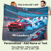 Add Name Text, Red Blue Race Cars Drifting Fleece Deken