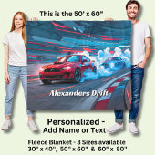 Add Name Text, Red Blue Race Cars Drifting Fleece Deken