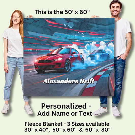 Add Name Text, Red Blue Race Cars Drifting Fleece Deken