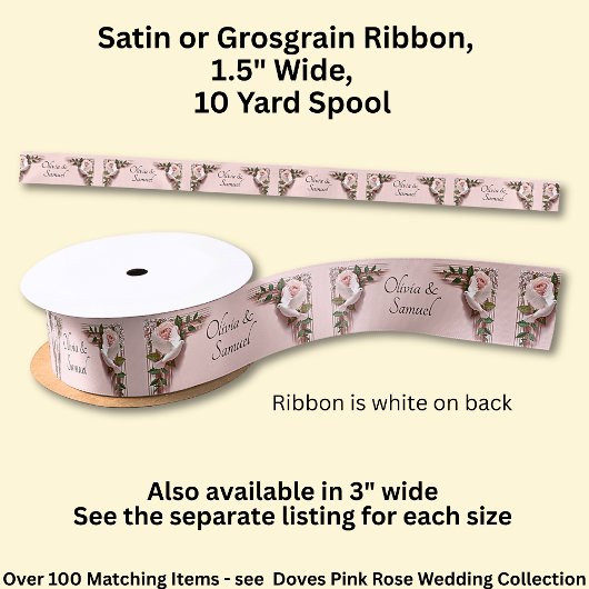 Add Names, 1.5" Pink Roses & Doves Wedding Satijnen Lint