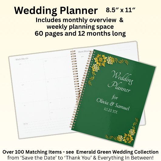 Add Names & Date Emerald Green & Gold Planner