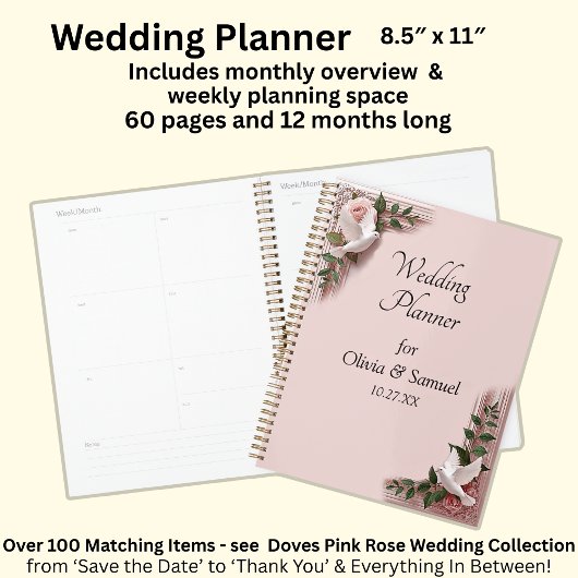 Add Names & Date Pink Roses & Doves Wedding Planner