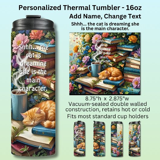 Add Text, Cat is Dreaming, Books, Coffee, Flowers Thermosbeker