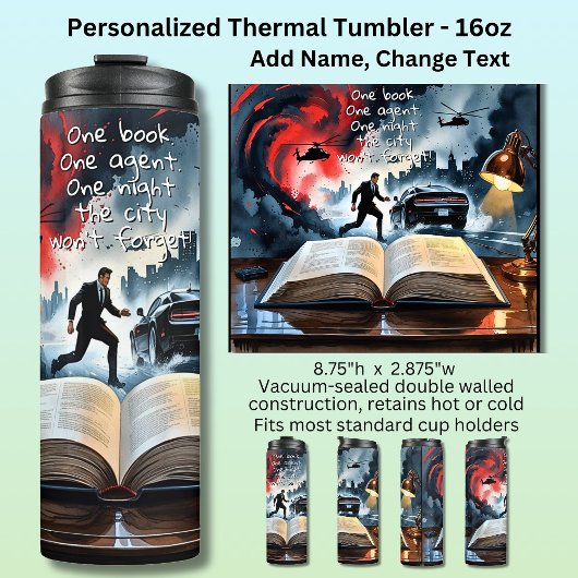 Add Text Name, Spy Mystery Action Book Novel Thermosbeker