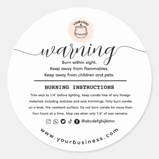 Add your Logo Elegant Personalized Candle Warning  Ronde Sticker (Voorkant)