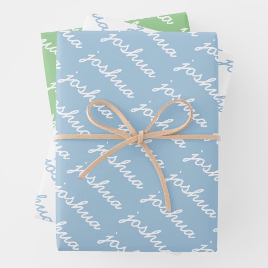 Add-Your-Name Blue | Groene cursieve naam Inpakpapier Vel (In situ)