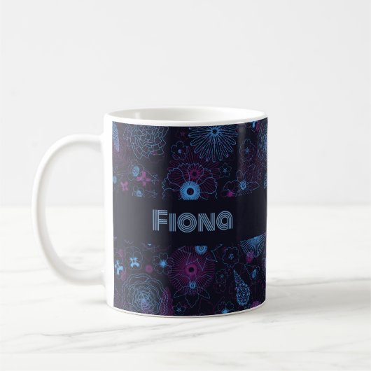 Add Your Name Floral Outline Blue & Purple Pattern Koffiemok (Links)