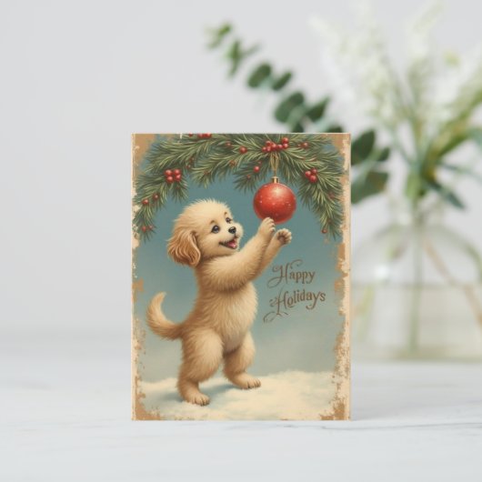 Add Your Text Season’s Greetings Puppy Postcard Feestdagenkaart (Staand voorkant)