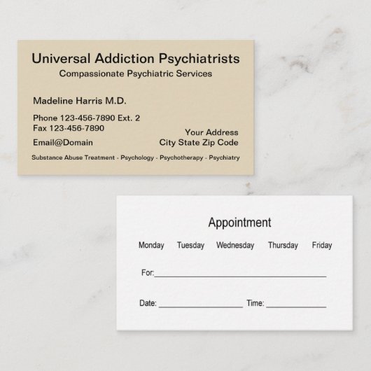 Addication Psychiatrist Services Appointment Card Afsprakenkaartje (Voorkant / Achterkant)