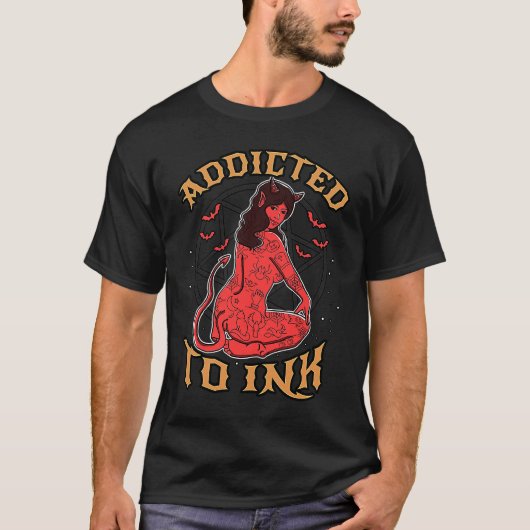 Addicted To Ink Hail Satan Devil Girl Tattoo T-shirt (Voorkant)
