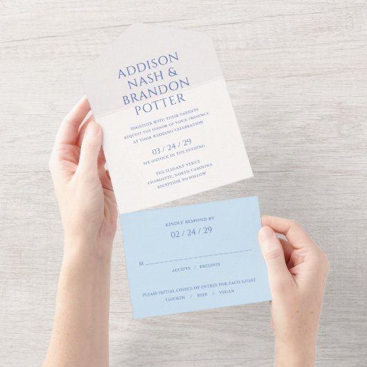 Addison Blue Classic Elegant Bruiloft All In One Uitnodiging (Afscheurbaar)