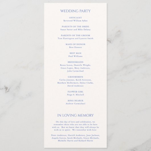 Addison Blue Classic Elegant Bruiloft Programmakaart (Achterkant)