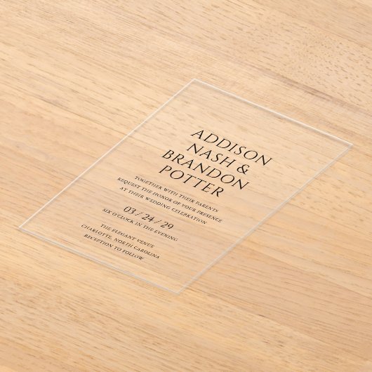 Addison Zwart en Wit Classic Elegant Bruiloft Acryl Uitnodigingen (Laagn)