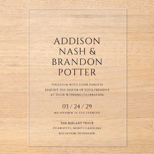Addison Zwart en Wit Classic Elegant Bruiloft Acryl Uitnodigingen (Voorkant)