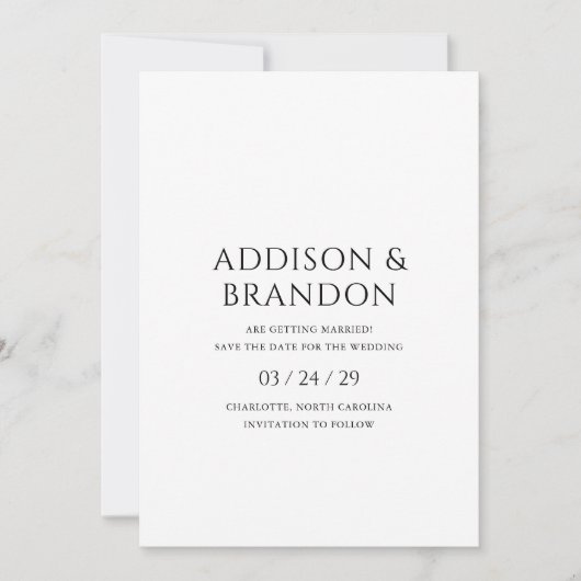 Addison Zwart en Wit Classic Elegant Bruiloft Save The Date (Voorkant)