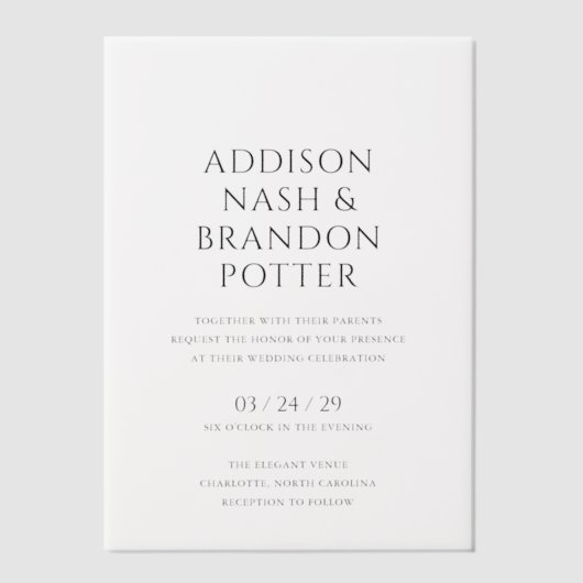 Addison Zwart en Wit Classic Elegant Bruiloft Vellum Uitnodigingen (Voorkant)