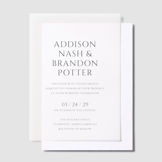 Addison Zwart en Wit Classic Elegant Bruiloft Vellum Uitnodigingen (Offset)