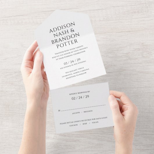 Addison Zwart Wit Grijs Klassiek Elegant Bruiloft All In One Uitnodiging (Afscheurbaar)