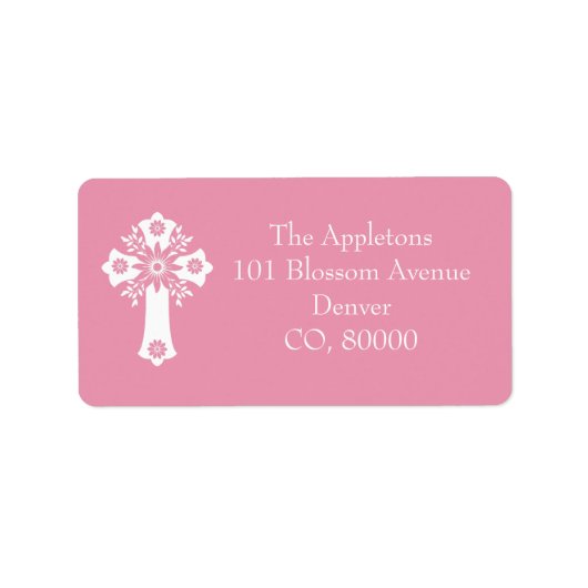 Address Labels Floral Cross Christening Rose Pink (Voorkant)