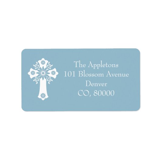 Address Labels Floral Cross Christening Sky Blue (Voorkant)