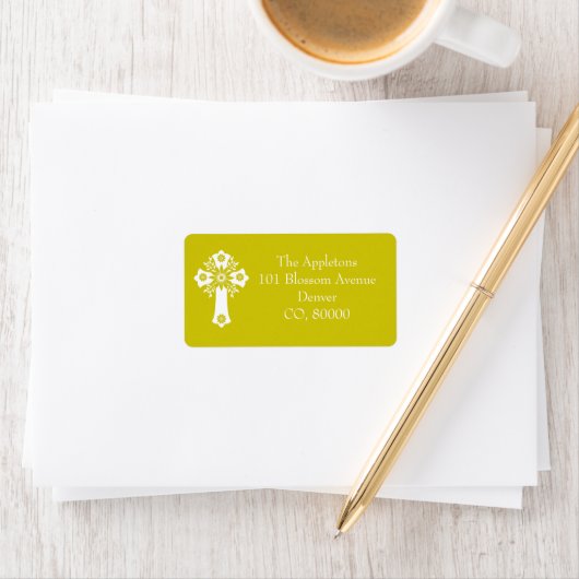 Address Labels Floral Cross Christening Yellow (Insitu)