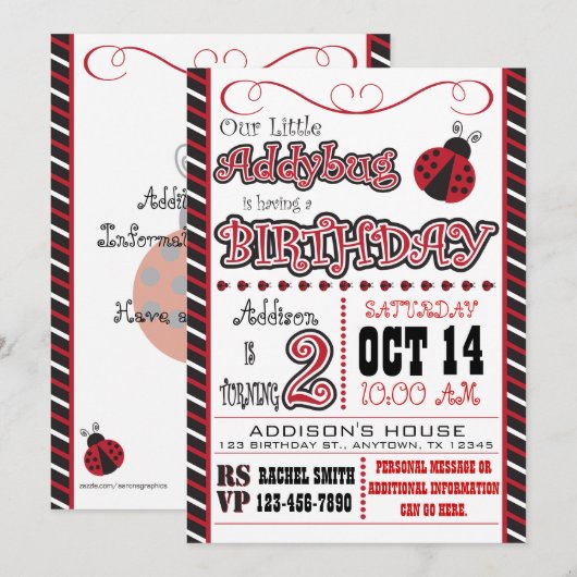 Addybug Uitnodigingen voor de 2e verjaardag (Voorkant / Achterkant)