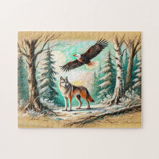 Adelaar en Wolf in het Bos Pastelkrijttekening Legpuzzel (Horizontaal)