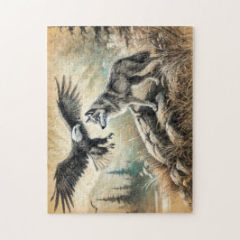 Adelaar en wolf in het wilde landschap legpuzzel