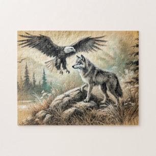 Adelaar en wolf in wilde landschap legpuzzel