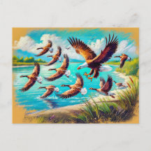 Adelaar jagen op wilde ganzen bij Lake Pastel Chal