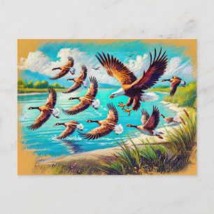 Adelaar jagen op wilde ganzen bij Lake Pastel Chal Briefkaart