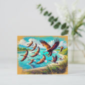 Adelaar jagen op wilde ganzen bij Lake Pastel Chal Briefkaart (Staand voorkant)