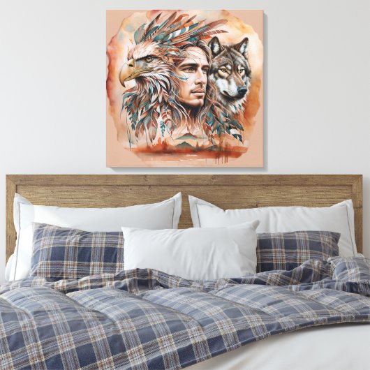 Adelaar - Man - Wolf - waterverf art 1 - Fan Fun Canvas Afdruk (Insitu (Slaapkamer))