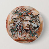 Adelaar - Man - Wolf - waterverf art 1 - Fan Fun Ronde Button 7,6 Cm (Voorkant)