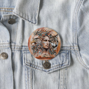 Adelaar - Man - Wolf - waterverf art 1 - Fan Fun Ronde Button 7,6 Cm