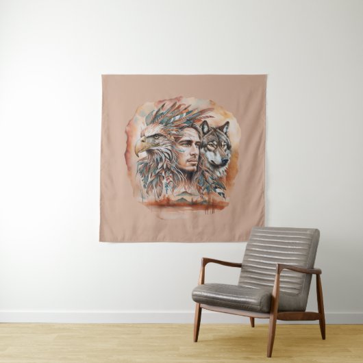 Adelaar - Man - Wolf - waterverf art 1 - Fan Fun Wandkleed (In situ)