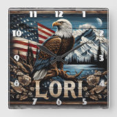 Adelaar met Amerikaanse vlag achtergrond Vierkante Klok (Voorkant)