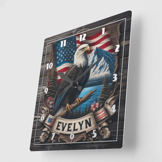 Adelaar met Amerikaanse vlag en bergen Vierkante Klok (Hoek)