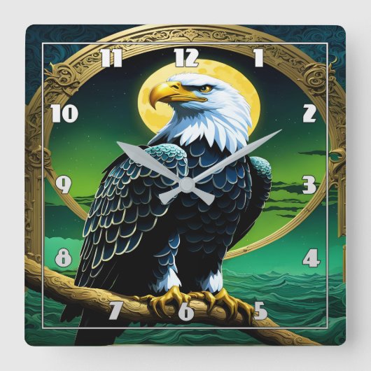 Adelaar neergestreken op tak onder maanverlichte h vierkante klok (Voorkant)