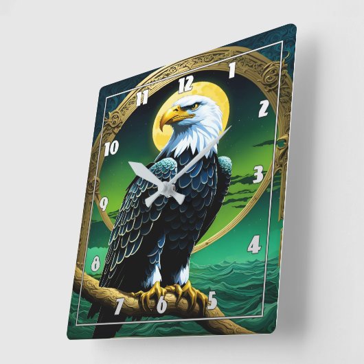 Adelaar neergestreken op tak onder maanverlichte h vierkante klok (Hoek)