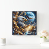 Adelaar neergestreken op tak onder maanverlichte h vierkante klok (Huis)