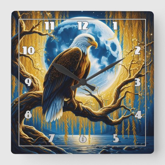 Adelaar neergestreken op tak onder vol maanlicht vierkante klok (Voorkant)