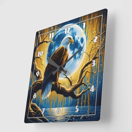 Adelaar neergestreken op tak onder vol maanlicht vierkante klok (Hoek)