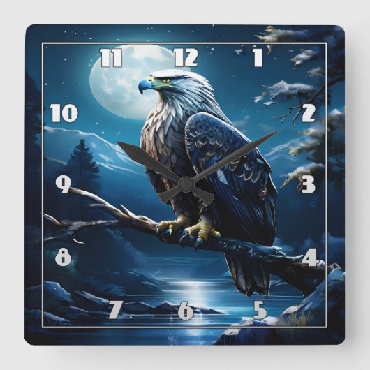 Adelaar neergestreken op tak onder vol maanlicht vierkante klok (Voorkant)
