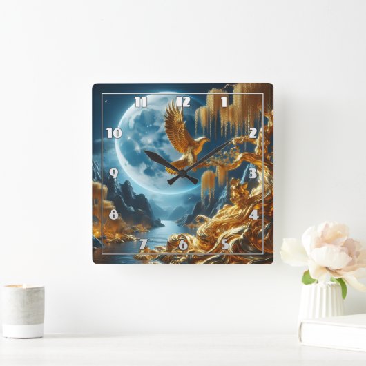 Adelaar op een tak in maanlicht vierkante klok (Huis)